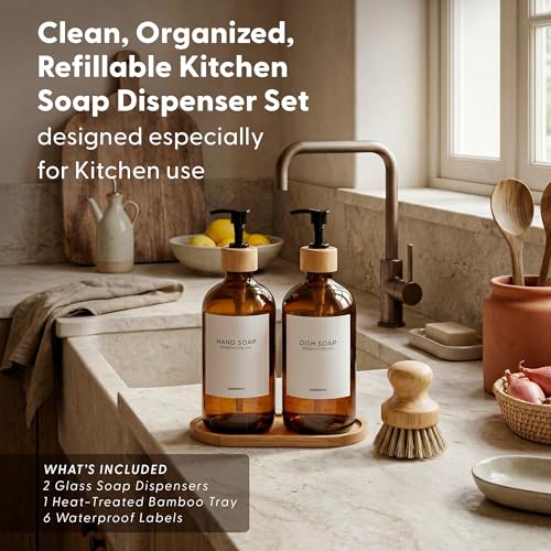 Maisonovo Dish Soap Dispenser Set - Amber Soap Dispenser Black Bamboo Pumps | Glass bottles for body wash, lotion, shampoo or conditioner · Sink, bathroom or countertop · Tray, 16.9 oz each - color: Amber Bottles Black Bamboo Pumps