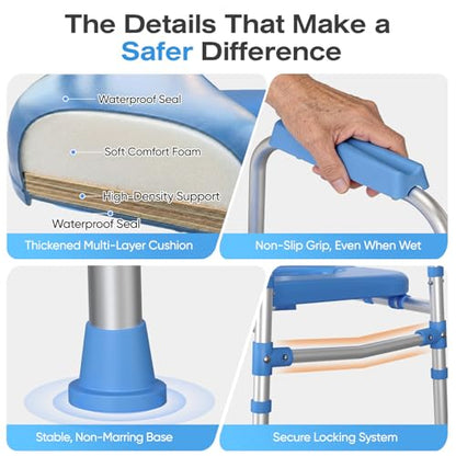 Padded Toilet Seat Riser for Seniors FSA/HSA Eligible, Adjustable Safety Frame Raised Toilet Seat with Handles, Heavy Duty Bariatric Recovery Elderly Assistance Products, Fits Round & Elongated - color: Light Blue