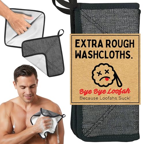 Double-Sided Exfoliating Washcloth, Body Scrubber for Shower, Hand Pocket | Rough & Soft Texture, Fast Drying, Deep Clean, Smooth Skin, Men or Women, 2 Count Pack, Bye Bye Loofah