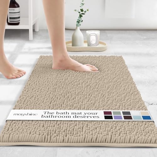 MAYSHINE Extra Large Plush Shaggy Chenille Bath Mat 47"x27" Extra Soft, Super Absorbent, Non-Slip Bathroom Rug | Fluffy Microfiber, Area Rug Sets for Bathroom Floor, Kitchen, Living Room | Beige - color: Beige, size: 47"x27" Rectangular