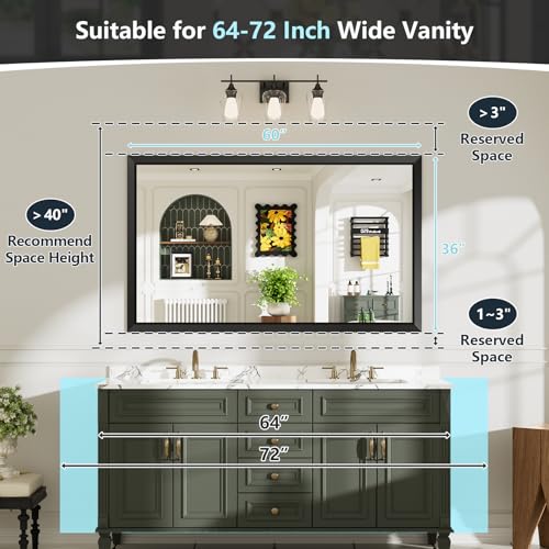 60x36 Inch Black Bathroom Mirror for Wall, Beveled Framed Rectangle Bathroom Vanity Mirrors for Over Sink, Bedroom, Living Room, Entryway, Anti-Rust, HD Tempered Glass, Horizontally/Vertically - size: 60"L x 36"W
