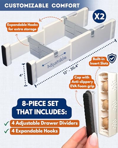 4 Pack Adjustable Drawer Dividers for Clothes with Scent Slots 4" High, 13-20.4" and 4 Adjustable Hooks, Expandable Dresser Drawer Dividers for Kitchen, Closet, Bathroom, Office
