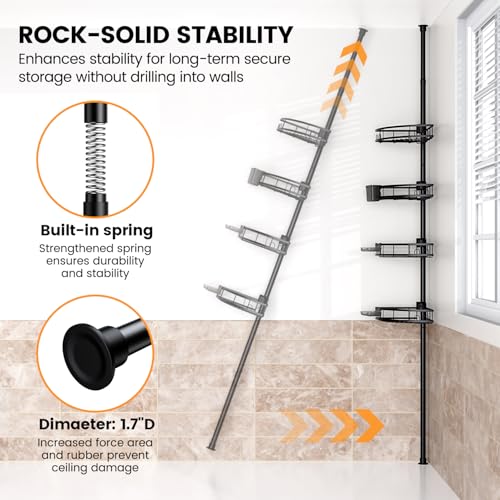 Adjustable Tension Pole Shower Caddy: Rustproof Corner Bathroom Organizer | 4-Tier 31-124" No Drill Standing Shelves Fits Apartments Rentals Bathroom Bathtub, for Shampoo, Conditioner, Bath Essentials