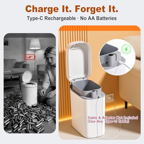 funest Bathroom Trash Can with Lid, Automatic Motion Sensor Trash Can, 3.5 Gallon Garbage Can, Type-C Rechargeable, Bag-Holding Design, One-Pull Auto Packing, Quiet-Close Hinge for Bedroom, Office