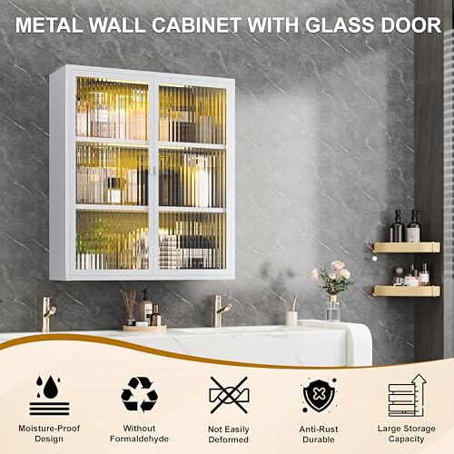 Metal Bathroom Cabinet Wall Mounted,Hanging Medicine Cabinets with 2 Glass Doors,White 3-Tier Over The Toilet Wall Storage Cabinet,Wall Cabinet for Bathroom Laundry Room Kitchen - color: White New