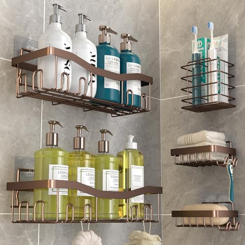 Youvip Adhesive Shower Caddy, No Drilling Bath Organizers 5 Pack, Rustproof Shelves with Soap Holder & Toothbrush Holder, Bathroom Organizers and Storage, Bronze - color: Bronze-5pc