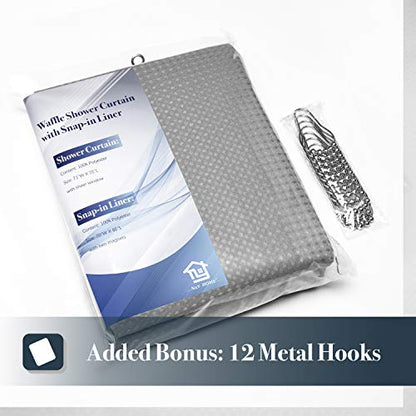 N&Y HOME Long Waffle Weave Shower Curtain with Snap-in Liner 71x78, Gray | 12 Hooks & Snap on Fabric Liner, Washable, Mesh Window, Hotel Style, 78 inches Length Grey Shower Curtain Set for Bathroom - color: Grey, size: 71"W x 78"L (Pack of 1)