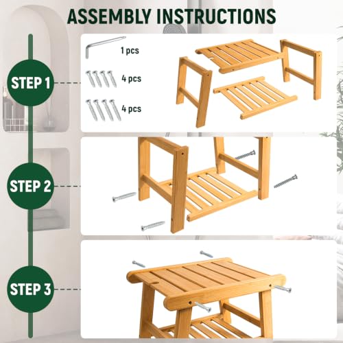 Bamboo Shower Bench Stool for Inside Shower Chair | Waterproof Shower Stool for Shaving Legs to Sit On, Spa Shower Seat Storage Shelf, Bathroom Bench Foot Rest