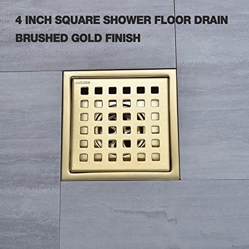 TRUSTMI Shower Drain with Base Flange 4 Inch Square Floor Drain with Flat or Tile Insert Grid Patten Grate Cover of SUS 304 Stainless Steel, Threaded Adapter Adjustable Drain Strainer, Brushed Gold