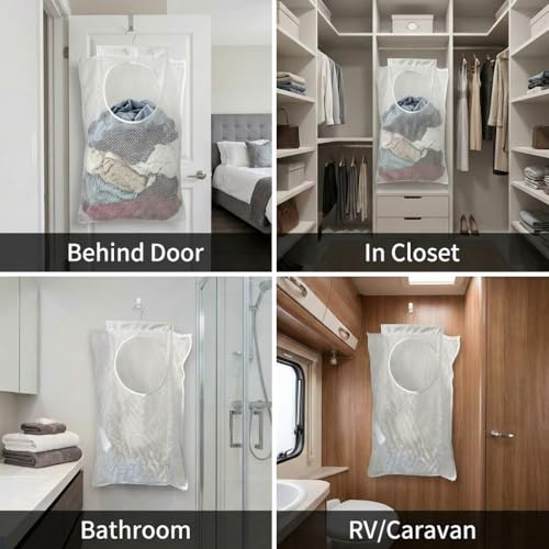 Hanging Laundry Hamper 2 Pack with Bottom Zipper & Sturdy Hooks, Large Capacity Mesh Foldable Over The Door Laundry Bag, Space Saving Storage for Bathroom Bedroom Closet Dorm RV Apartment Small Spaces