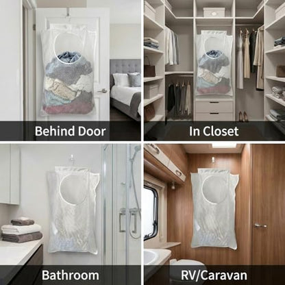 Hanging Laundry Hamper 2 Pack with Bottom Zipper & Sturdy Hooks, Large Capacity Mesh Foldable Over The Door Laundry Bag, Space Saving Storage for Bathroom Bedroom Closet Dorm RV Apartment Small Spaces