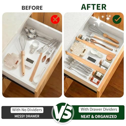 CMOOD 6 PCS Bamboo Drawer Dividers, Kitchen Drawer Dividers, 17"-22" Expandable Adjustable Bamboo Drawer Dividers Organizers for Kitchen, Clothes, Dresser, Bedroom, Home, Office, Spring Loaded