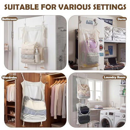 Tranqun 3 Pcs over The Door Hanging Laundry Hamper Mesh Laundry Bag | 65 x 19.7 in Hanging Laundry Bag with Pockets, Hooks, Behind The Door Clothes Organizer, for Bathroom Apartment College Dorm