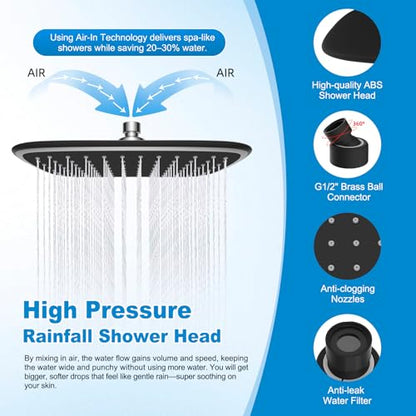 10" Black Rain Shower Head with Handheld, High Pressure Boosting Rainfall Showerhead with All Metal Adjustable Extension Arm, Easy Reach Shower Holder, 5 Spray Modes with Power Wash, Easy to Install - color: Matte Black