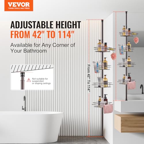 VEVOR Corner Shower Caddy Tension Pole, 4 Tier Adjustable Rustproof Organizer Shelves for Bathroom & Washroom, 42-114inch High, Bronze