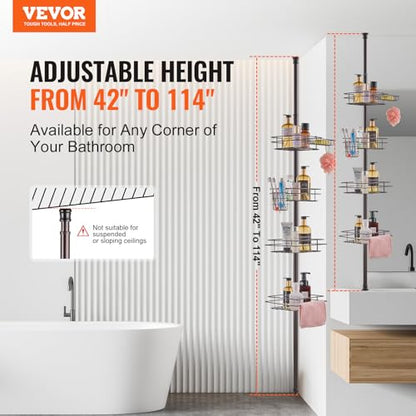 VEVOR Corner Shower Caddy Tension Pole, 4 Tier Adjustable Rustproof Organizer Shelves for Bathroom & Washroom, 42-114inch High, Bronze