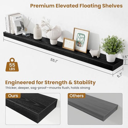 Fun Memories 55 Inch Floating Shelves Bedroom, Large Extra Floating Shelf Set of 2 with Invisible Brackets, Black - color: Black, size: 55"
