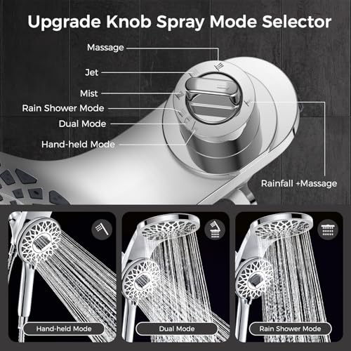 High Pressure Rain Shower Head with Handheld Spray Combo | Detachable Dual Shower Head with 10 Sprays Modes - Upgrade Knob Spray Mode Selector and Magnetic Guidance Docking System - color: Chrome