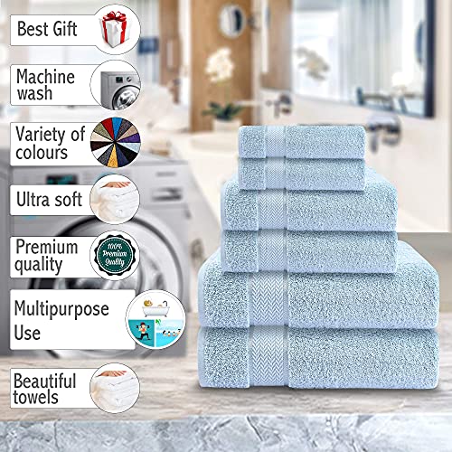 CRAFTBERRY-6 Piece Cotton Bath Towel Set-2 Bath - 2 Hand - 2 Face, Sky Blue | 100% Cotton • Thick & Plush • Hotel Quality • Ultra Soft • Highly Absorbent • Quick Dry • Low Lint • Machine Washable - color: Light Blue