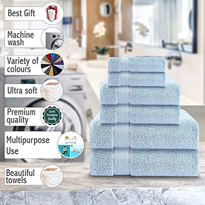 CRAFTBERRY-6 Piece Cotton Bath Towel Set-2 Bath - 2 Hand - 2 Face, Sky Blue | 100% Cotton • Thick & Plush • Hotel Quality • Ultra Soft • Highly Absorbent • Quick Dry • Low Lint • Machine Washable - color: Light Blue