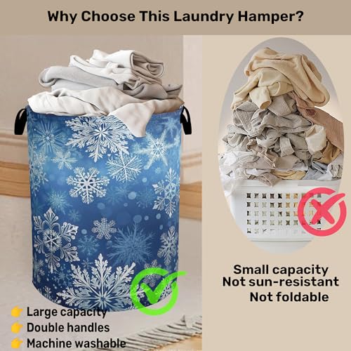 Winter Snowflakes Large Clothes Hamper Bag - Laundry Basket with Handles, Space Saving Foldable Design for Nursery - color: Winter Snowflakes