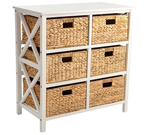3 Tier X-Side End Storage Cabinet Table, White | 6 Wicker Baskets, For Bedroom, For Living Room - color: White, size: 15.5"D x 29.3"W x 30"H (6 Drawers)