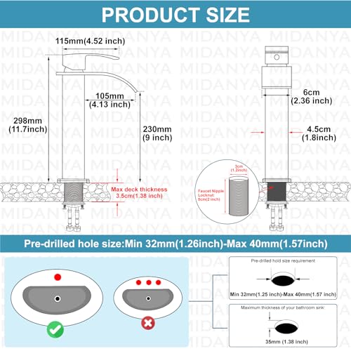 Midanya Waterfall Tall Bathroom Vessel Sink Faucet,Matte Black | with 24” cUPC Water Hoses,Pop Up Drain without Overflow,for 1 hole Vanity,RV,Lavatory,Bowl,Farmhouse,SUS304,Single Handle - color: Black