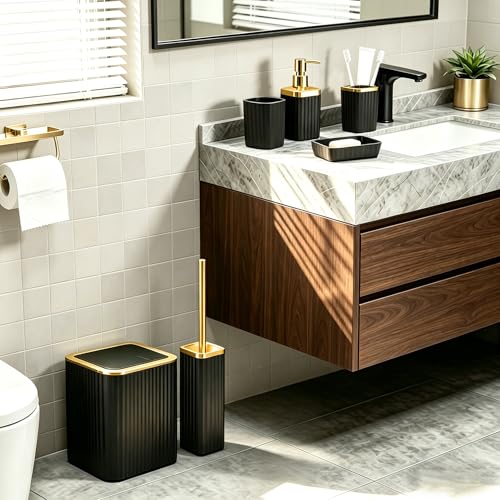 Bathroom Accessory Set, 6-Pcs Golden Black | Trash Can, Soap Dispenser, Toothbrush Holder & Cup, Soap Dish, Toilet Brush - color: Golden Black