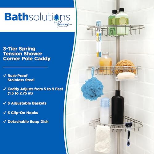 Kenney KN61520 Adjustable Height (5'-9') Spring Tension Metal Corner Pole Shower Caddy with 3 Adjustable Rust-Proof Basket Shelves, Towel Bars, and Razor Holders for Bathroom Shower, Satin Nickel