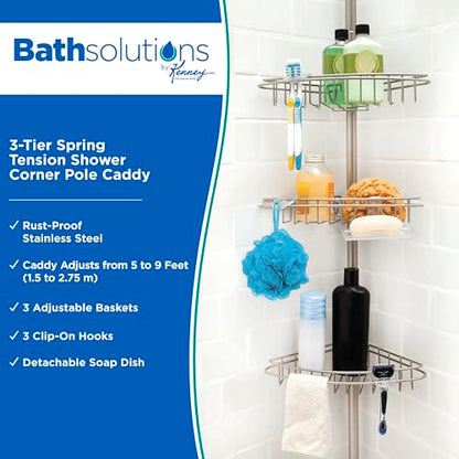 Kenney KN61520 Adjustable Height (5'-9') Spring Tension Metal Corner Pole Shower Caddy with 3 Adjustable Rust-Proof Basket Shelves, Towel Bars, and Razor Holders for Bathroom Shower, Satin Nickel
