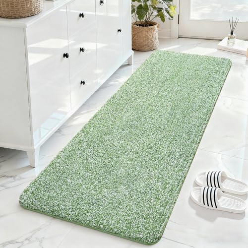 ISEAU Bathroom Rugs 24x80,Super Absorbent Microfiber Bath Mat,Green | Large Bath Mat,Non-Slip Long Shower Rug with TPR Backing, Thick Plush Machine Washable Bathmat for Bathrooms - color: Green/White, size: 24" X 80"