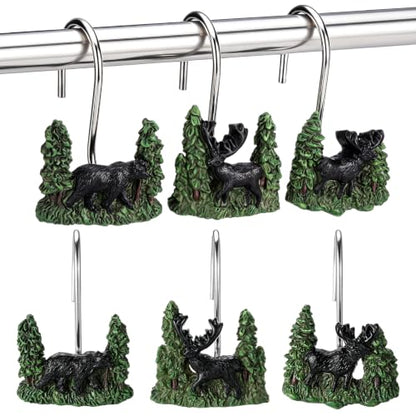 Roowest 12 Pcs Farmhouse Forest Shower Curtain Hooks Western Wildlife Bear Deer Moose Shower Curtain Hooks Stainless Steel Rust Resistant Rings Hangers for Farmhouse Cabin Winter Rustic Bathroom Decor - style: Forest