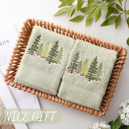 SmoothNovelty 2 Pcs Forest Hand Towels Gray Green Bathroom Decor 14x29 Inch Embroidered 100% Cotton Soft Absorbent Nature Scene Decorative Hand Towels for Bathroom Kitchen - style: Forest