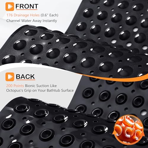 Yimobra Non Slip Bathtub Mat 40 x 16 Inch, Extra Long Shower Mat with Drain Holes, Machine Washable Baby Bath Mats, Strong Suction Cups for Bathroom Floor, Black - color: Black