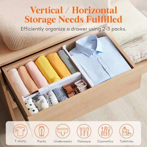 Lifewit 14 Pack Drawer Dividers for Clothes, 10.9-16" Adjustable Drawer Organizers, 4" High Plastic Expandable Drawer Separators in Bedroom/Office/Bathroom/Kitchen Storage, White | 14 Pack 11-17" Expandable White Plastic Drawer Separator for Dresser, Kitc