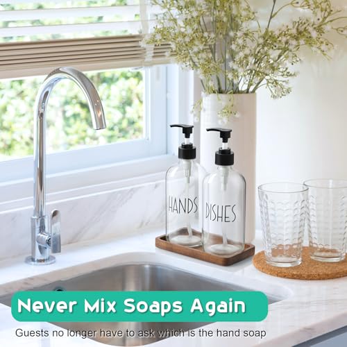 ALELION Glass Soap Dispenser with Pump - 16 OZ Clear Dish and Hand Soap Dispenser Set with Acacia Wood Tray for Kitchen Bathroom - Modern Liquid Pump Bottles - color: Clear