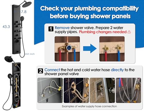 ROVOGO Shower Panel Tower System, Simultaneous 4 Shower Modes, Matte Black | Rain Shower Head+Handheld+Body Jets+Tub Spout, Height Adjustable Shower Arm, Stainless Shower Column W/ Brass Valve, 43.3" - color: All Black-Adjustable Rain Head