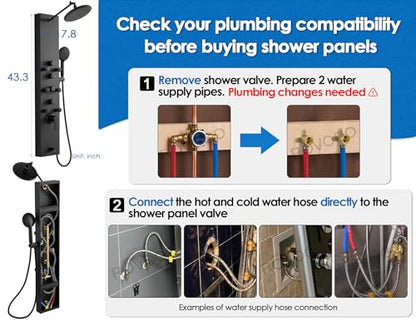 ROVOGO Shower Panel Tower System, Simultaneous 4 Shower Modes, Matte Black | Rain Shower Head+Handheld+Body Jets+Tub Spout, Height Adjustable Shower Arm, Stainless Shower Column W/ Brass Valve, 43.3" - color: All Black-Adjustable Rain Head
