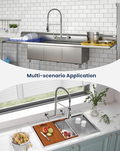 Wall Mount Kitchen Faucet 2 Handles, 8 Inch Center Wall Commercial Utility Sink Faucet with Pull Out Sprayer 3 Modes, Stainless Steel, Brushed Nickel - color: 2-Handle-Nickel, style: Wall Mount