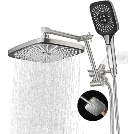 Rain Shower Head with Handheld Spray Combo, 12 Inch Rainfall Shower Heads with Adjustable Extention Arm, High Pressure Showerhead with 3-Way Diverter - Height/Angle Adjustable(Brushed Nickel) - color: Brushed Nickel, size: 12 Inch