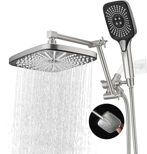 Rain Shower Head with Handheld Spray Combo, 12 Inch Rainfall Shower Heads with Adjustable Extention Arm, High Pressure Showerhead with 3-Way Diverter - Height/Angle Adjustable(Brushed Nickel) - color: Brushed Nickel, size: 12 Inch