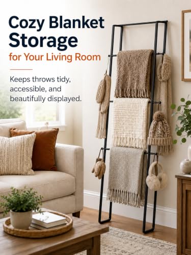 CANYAVE Metal Leaning Ladder Towel Rack, 4-Tier Blanket Stand for Bathroom Living Room, No Drilling Quilt Storage Organizer (Matte Black) - color: Matte Black