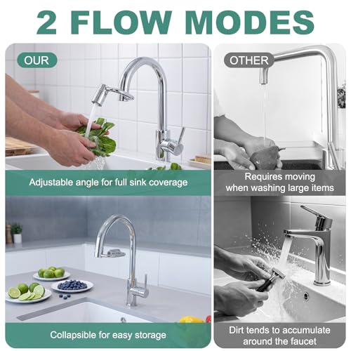 2 PCS 1440° Rotatable Faucet Aerator Extension Silver | 2 Modes Adjustable Water Flow, 1080° Swivel Design, Splash Proof Attachment for Kitchen & Bathroom Sink