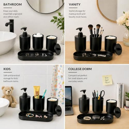 LGURT Matte Black Bath Accessories — 4-Pc Dispenser, Tumbler, Cup & Tray | Plastic, Lotion 10oz / 300ml, Vanity Tray (7.87"×2.56"), Compact for Dorm & Rentals. - color: Model 1-matte Black