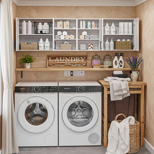 Furnaza 78.6" W Wall Cabinets for Laundry Room with Adjustable Shelf | White Upper Kitchen Wall Mounted Cabinets With Two Shaker Doors for Bathroom,Garage,12"D x 22"H,Floating Hanging Storage - size: 78.6"W
