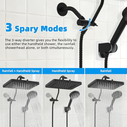 Hibbent 13'' 5-spray Rain Shower Head with 10-Spray Handheld, Matte Black | cUPC Certified High Pressure Dual Showerhead Combo, Upgraded Rainfall Shower Head, 12'' Extension Arm, 71'' Hose & Holder - color: Matte Black, style: Square 13''