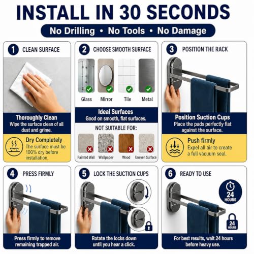 Foldable Suction Towel Bar, No Drill Stainless Steel | Heavy-duty bathroom towel holder for towels and robes. Fits tile, glass, mirrors & RV. Reusable, rustproof and residue-free - color: Silver Black