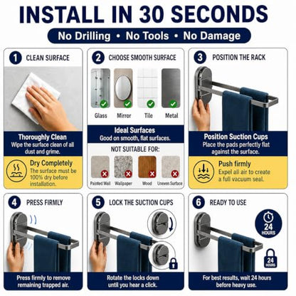 Foldable Suction Towel Bar, No Drill Stainless Steel | Heavy-duty bathroom towel holder for towels and robes. Fits tile, glass, mirrors & RV. Reusable, rustproof and residue-free - color: Silver Black