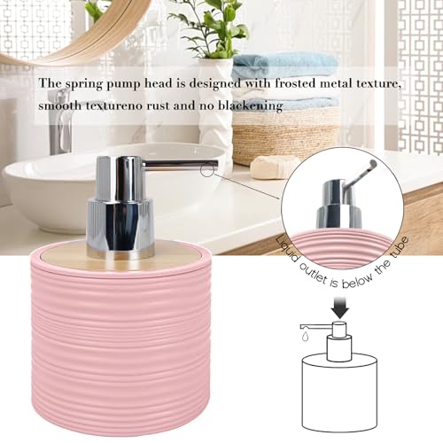CERBIOR Bamboo Bathroom Accessories Set 6 Piece Spiral Bath Ensemble（Pink） | Includes Soap Dispenser, Toothbrush Holder, Toothbrush Cup, Soap Dish for Decorative Countertop and Housewarming Gift, Pink - style: Pink
