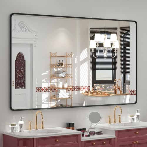 OKPAL 66X40 Inch Black Bathroom Mirror for Wall, Bathroom Vanity Frame Mirror, Matte Black Rectangle Mirror, Round Corner, Rustproof, Shatter-Proof (Horizontal/Vertical) - color: Matte Black, size: 66"L x 40"W